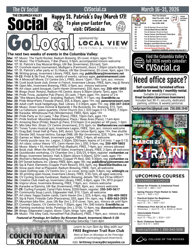 Community events calendar for the Columbia Valley, BC, Canada for March 16-31, 2026