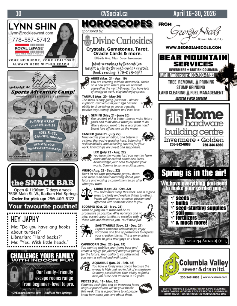 Community events newsletter for the Columbia Valley, BC, Canada for April 16-30, 2026