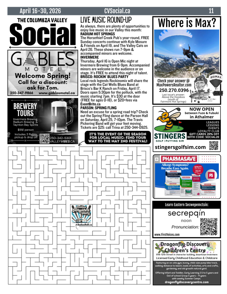 Community events newsletter for the Columbia Valley, BC, Canada for April 16-30, 2026