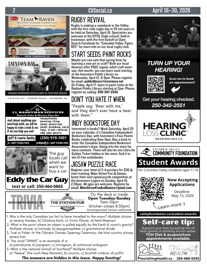 Community events newsletter for the Columbia Valley, BC, Canada for April 16-30, 2026