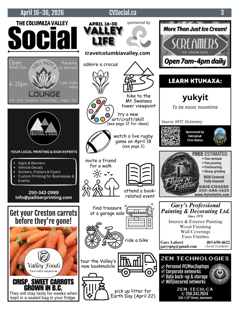 Community events newsletter for the Columbia Valley, BC, Canada for April 16-30, 2026