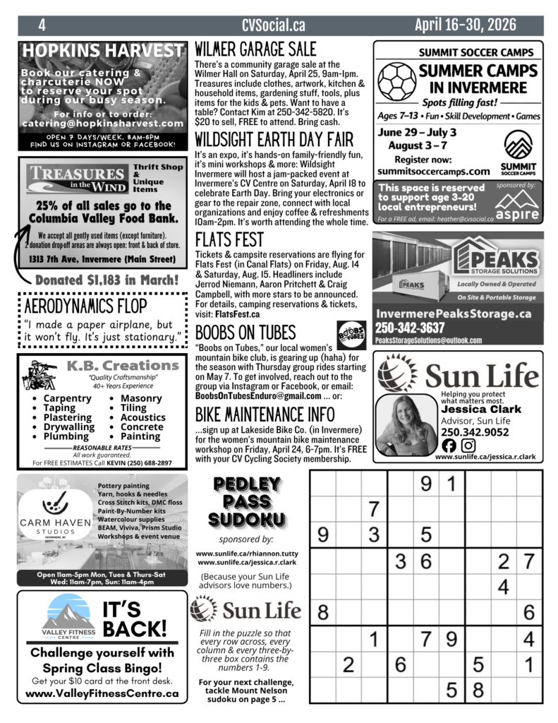 Community events newsletter for the Columbia Valley, BC, Canada for April 16-30, 2026