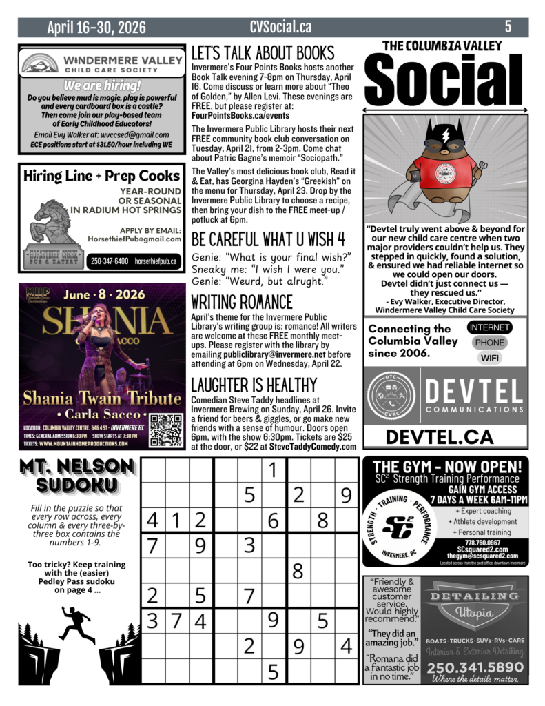 Community events newsletter for the Columbia Valley, BC, Canada for April 16-30, 2026