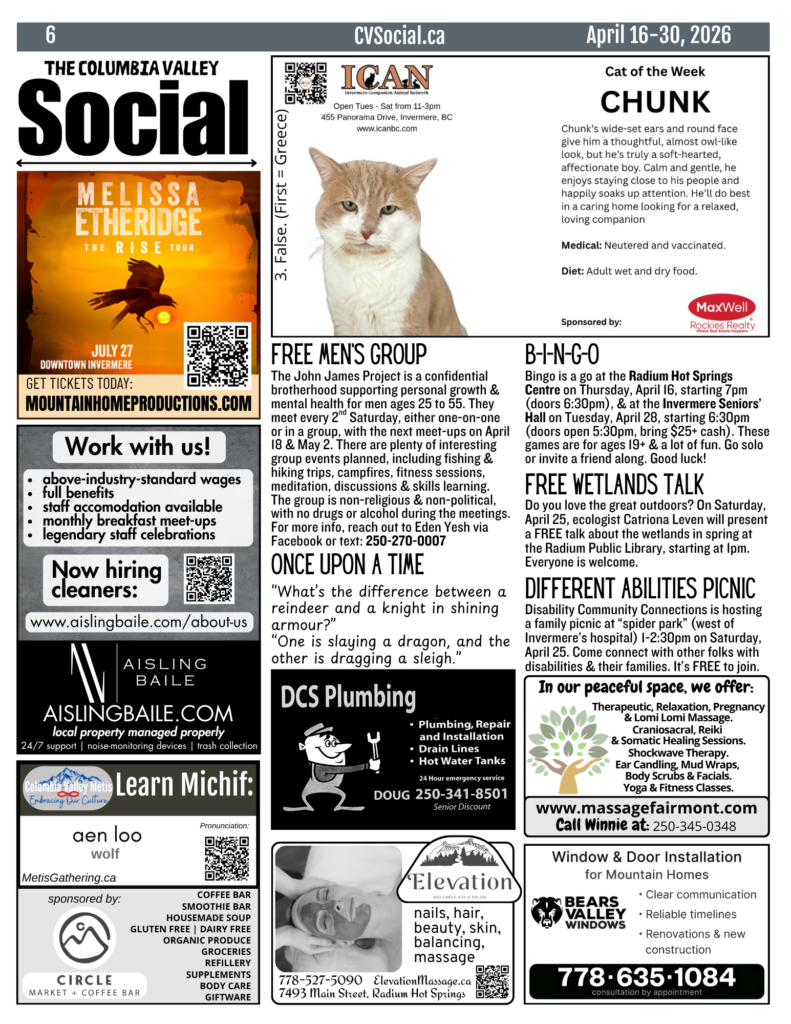 Community events newsletter for the Columbia Valley, BC, Canada for April 16-30, 2026