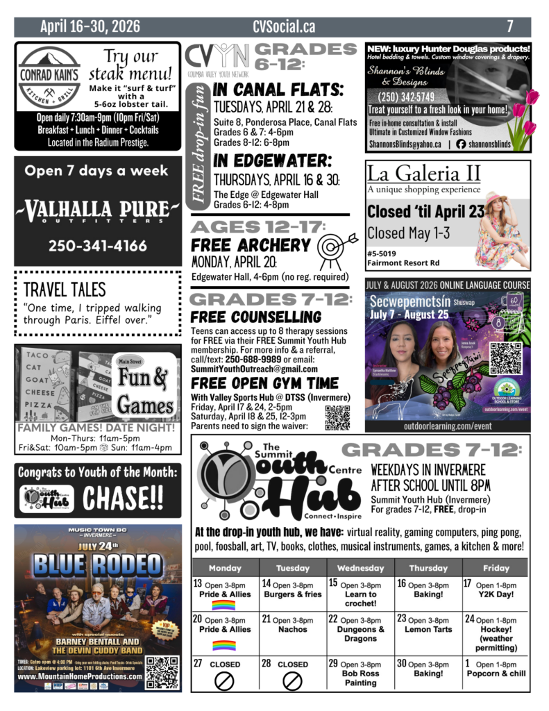 Community events newsletter for the Columbia Valley, BC, Canada for April 16-30, 2026