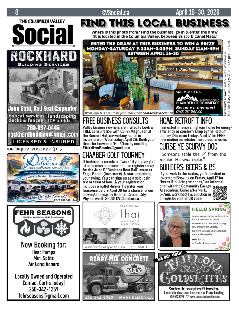 Community events newsletter for the Columbia Valley, BC, Canada for April 16-30, 2026