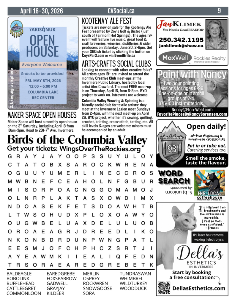 Community events newsletter for the Columbia Valley, BC, Canada for April 16-30, 2026