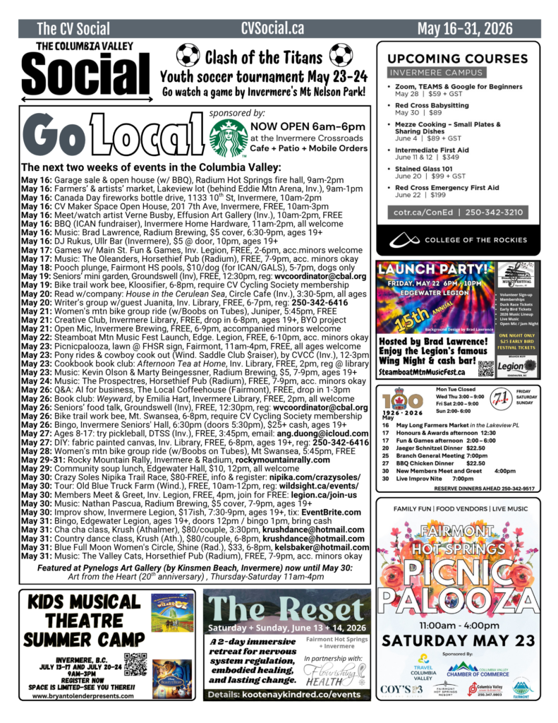 Community events calendar for the Columbia Valley, BC, Canada for May 16-31, 2026