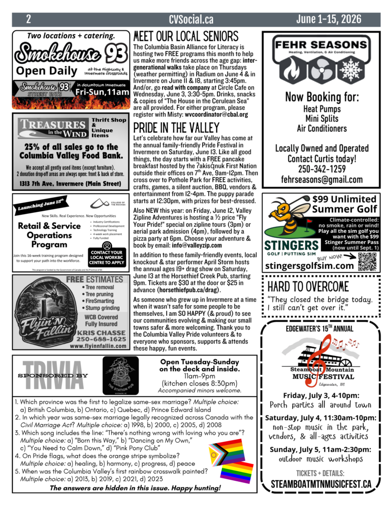 Community events newsletter for the Columbia Valley, BC, Canada for June 1-15, 2026.