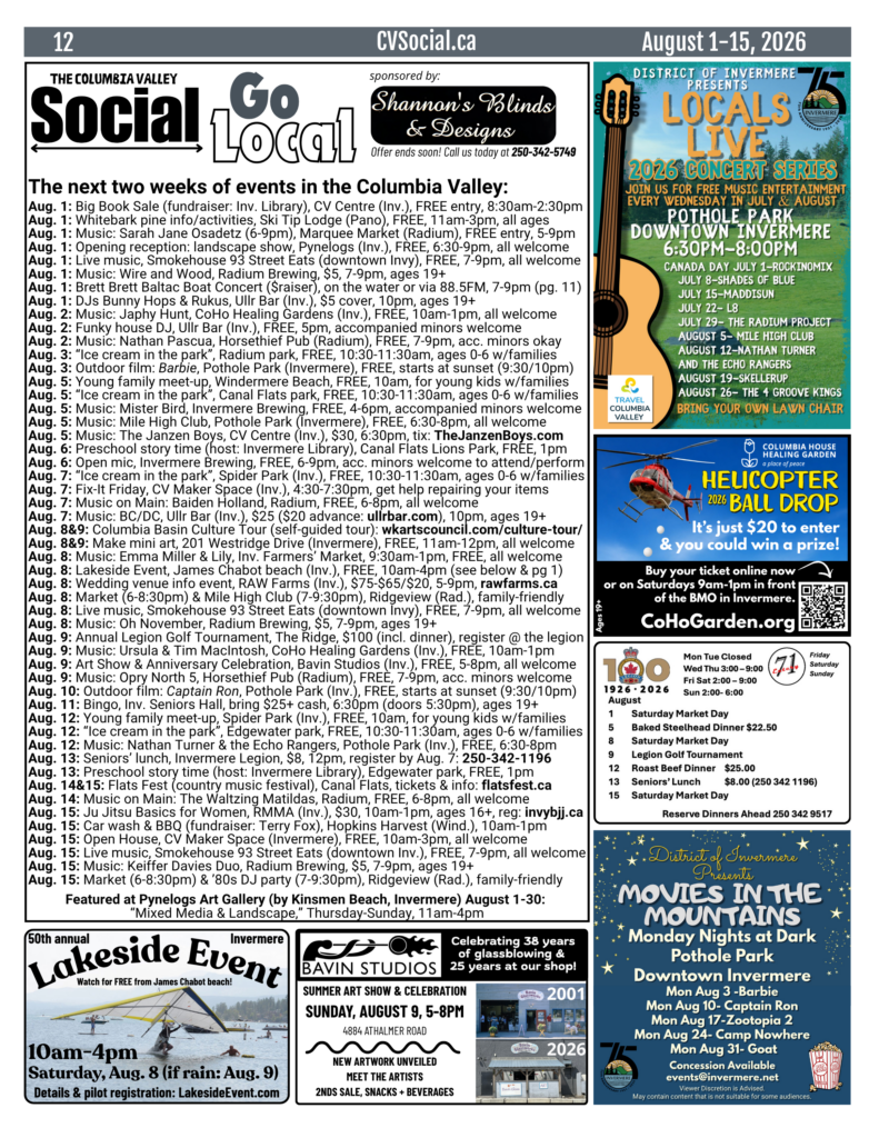 Community events newsletter for the Columbia Valley, BC, Canada for August 1-15, 2026.
