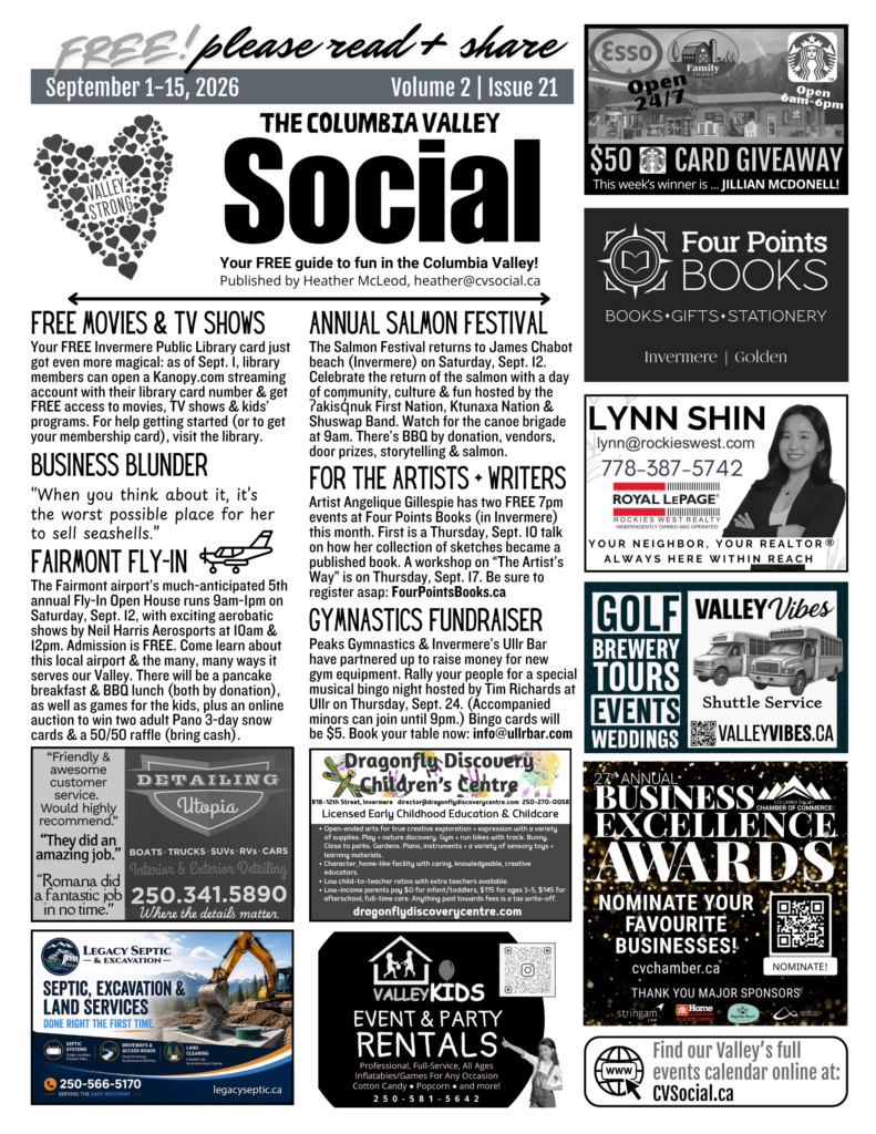 Community events newsletter for the Columbia Valley, BC, Canada for September 1-15, 2026