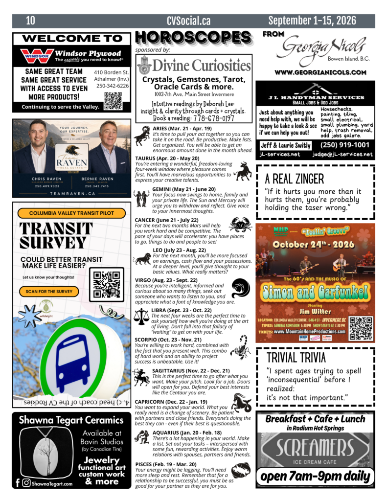 Community events newsletter for the Columbia Valley, BC, Canada for September 1-15, 2026