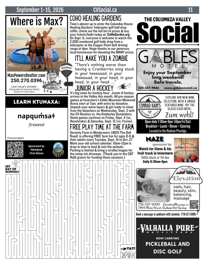 Community events newsletter for the Columbia Valley, BC, Canada for September 1-15, 2026