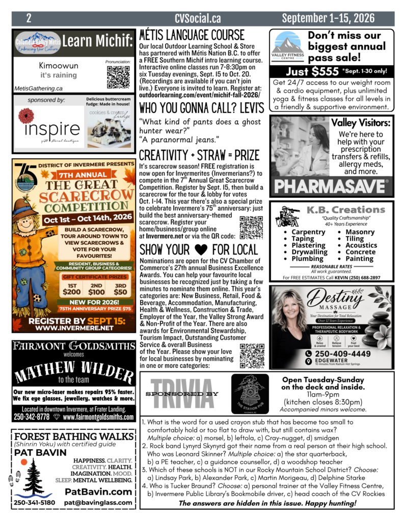 Community events newsletter for the Columbia Valley, BC, Canada for September 1-15, 2026