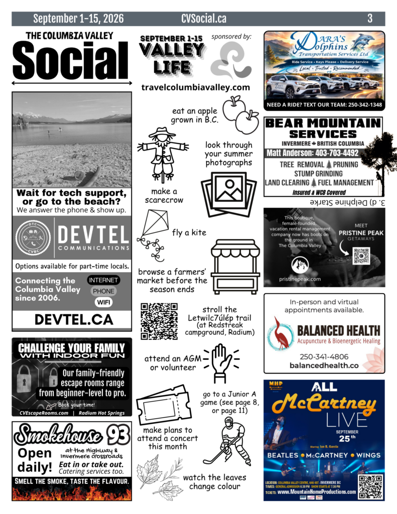 Community events newsletter for the Columbia Valley, BC, Canada for September 1-15, 2026