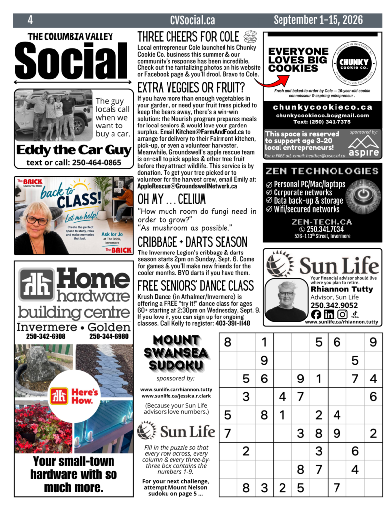 Community events newsletter for the Columbia Valley, BC, Canada for September 1-15, 2026