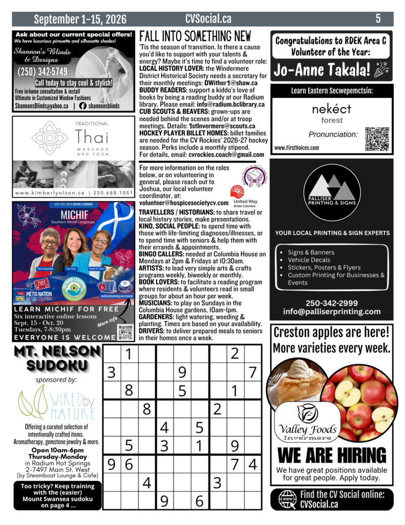 Community events newsletter for the Columbia Valley, BC, Canada for September 1-15, 2026