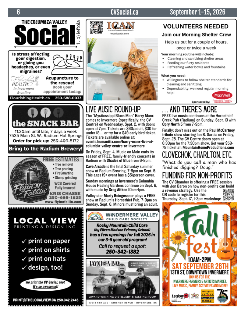 Community events newsletter for the Columbia Valley, BC, Canada for September 1-15, 2026
