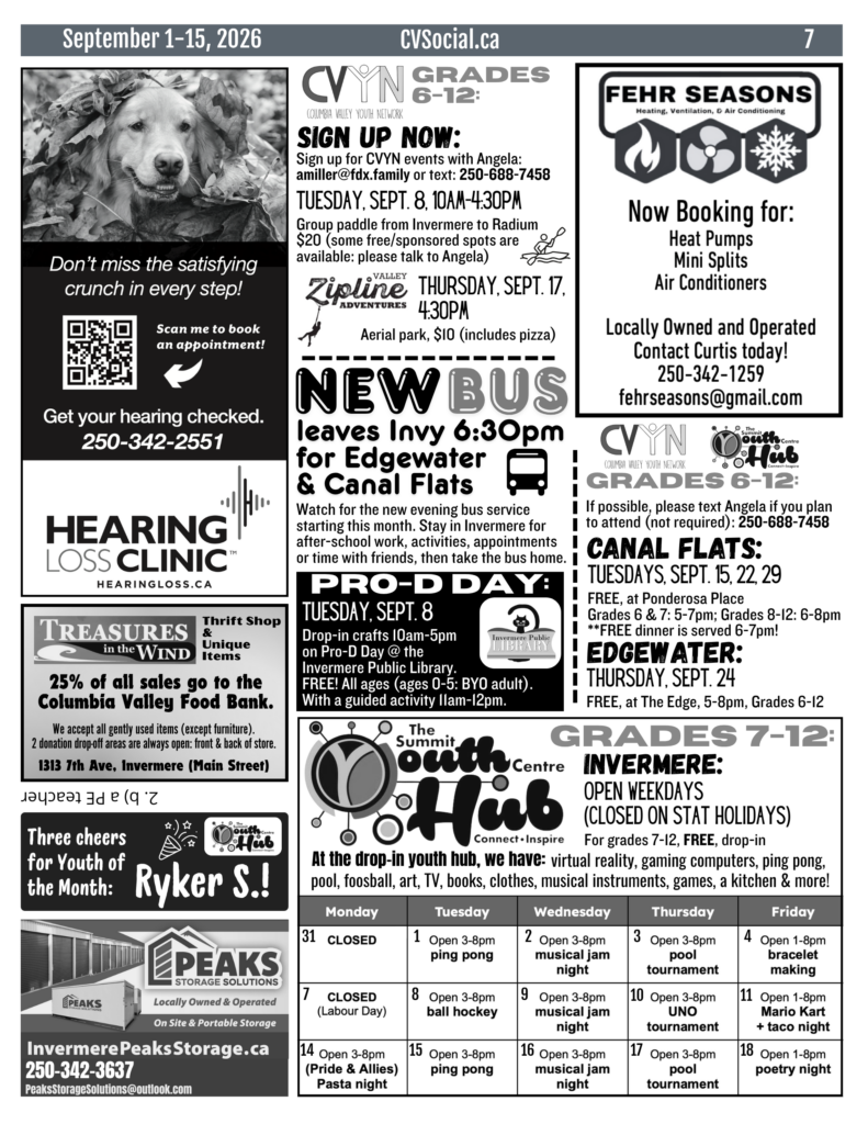 Community events newsletter for the Columbia Valley, BC, Canada for September 1-15, 2026