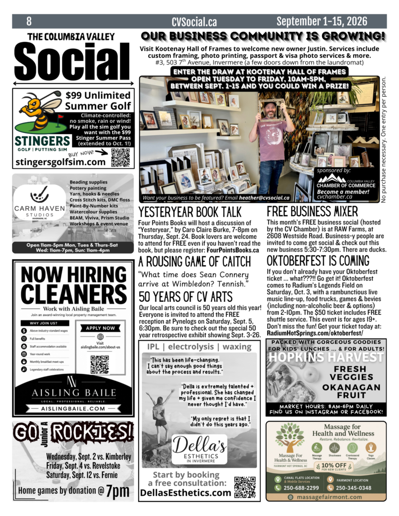 Community events newsletter for the Columbia Valley, BC, Canada for September 1-15, 2026