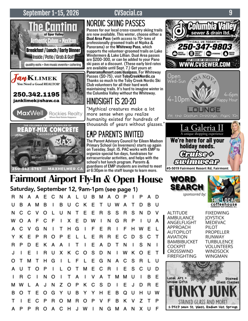 Community events newsletter for the Columbia Valley, BC, Canada for September 1-15, 2026