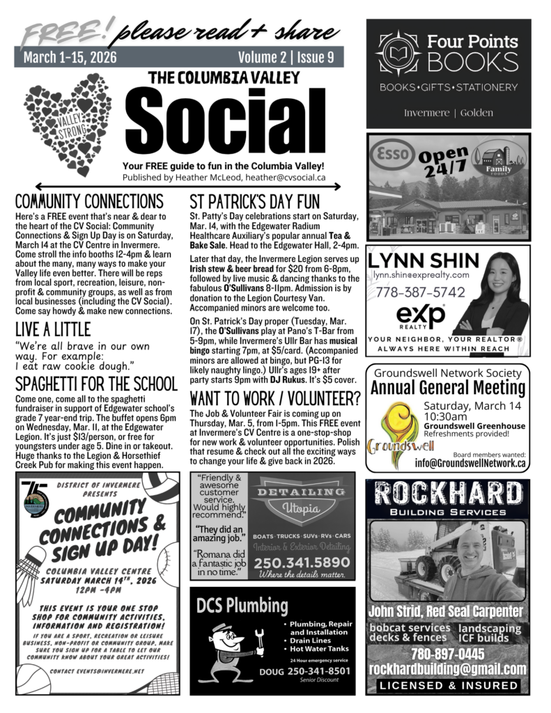 Community events newsletter for the Columbia Valley, BC, Canada for March 1-15, 2026