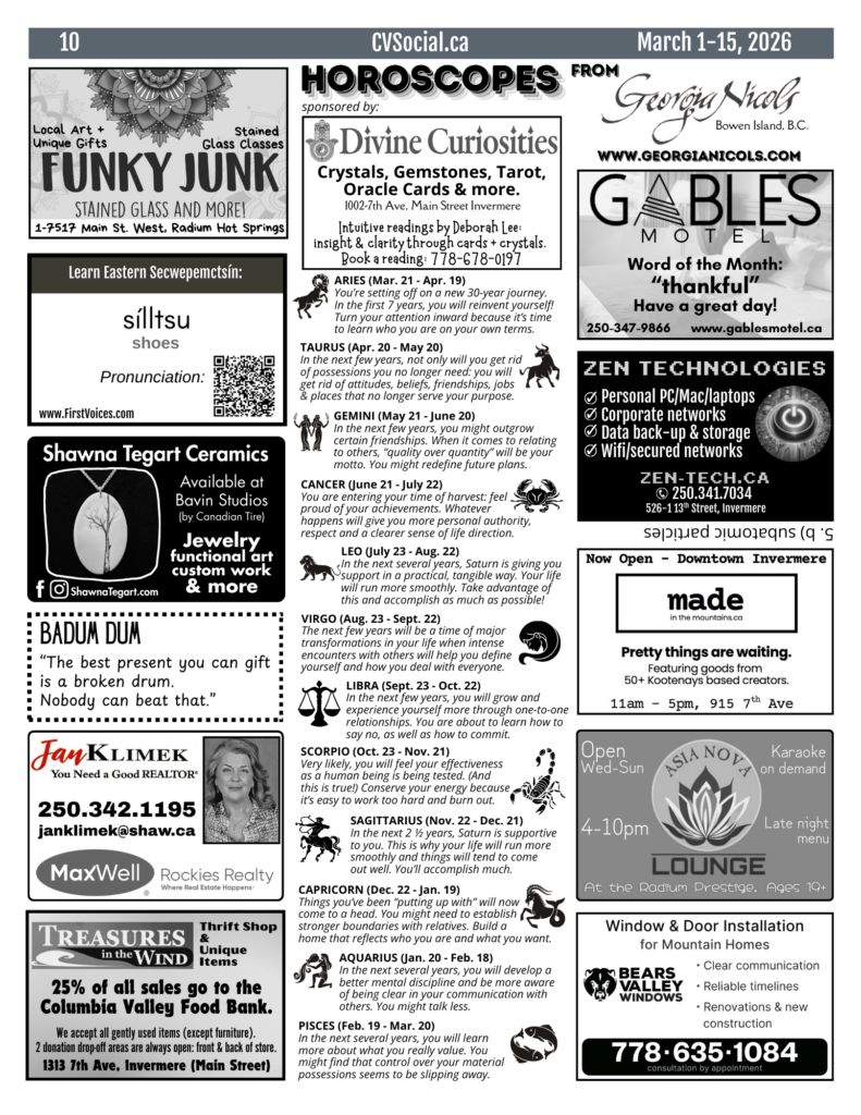 Community events newsletter for the Columbia Valley, BC, Canada for March 1-15, 2026