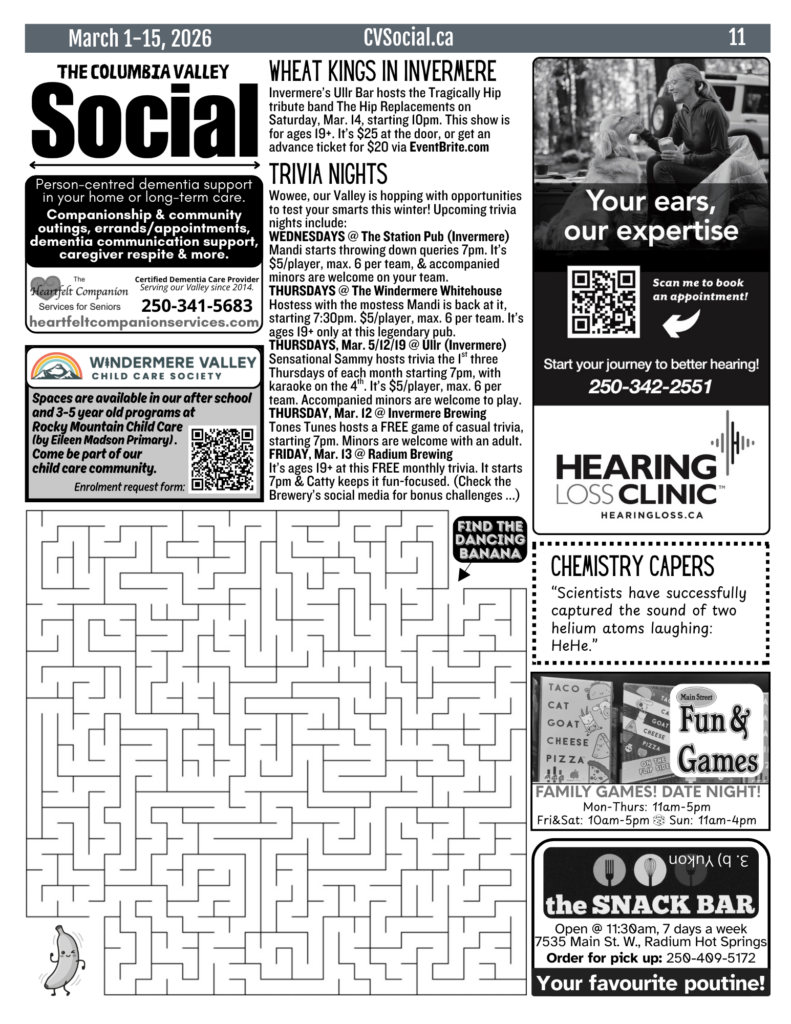 Community events newsletter for the Columbia Valley, BC, Canada for March 1-15, 2026