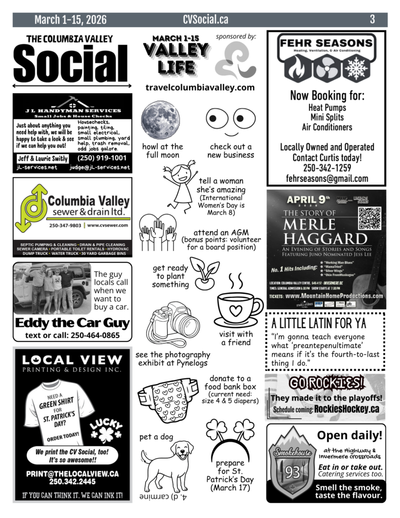 Community events newsletter for the Columbia Valley, BC, Canada for March 1-15, 2026