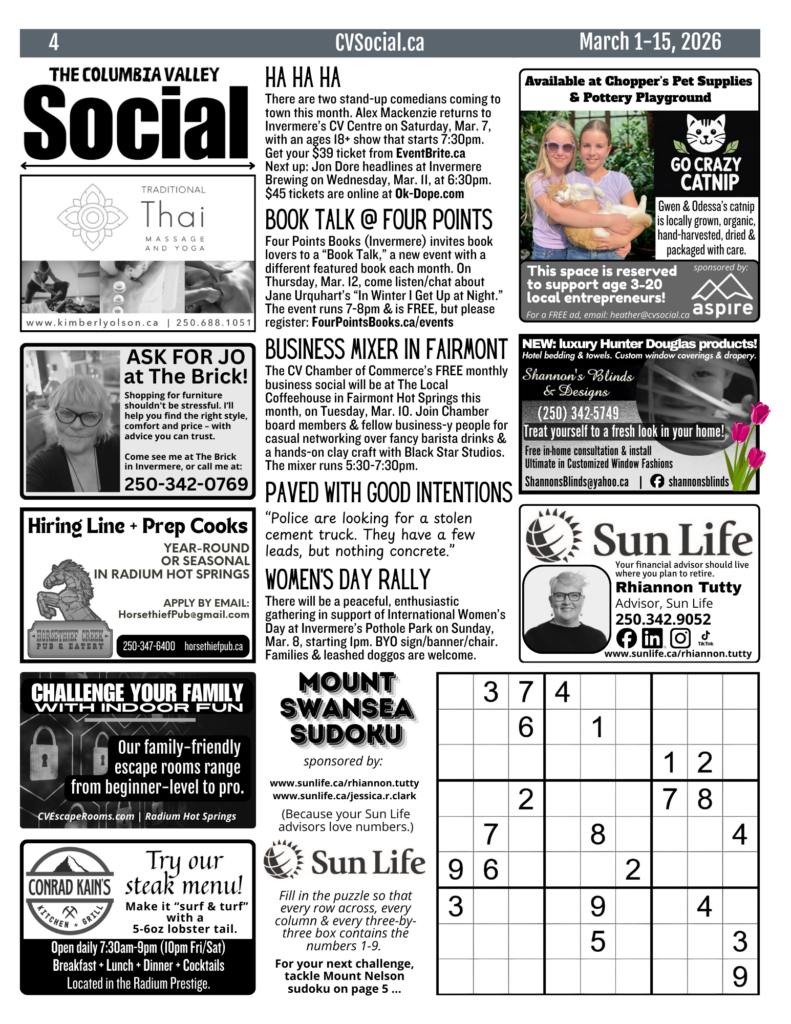 Community events newsletter for the Columbia Valley, BC, Canada for March 1-15, 2026