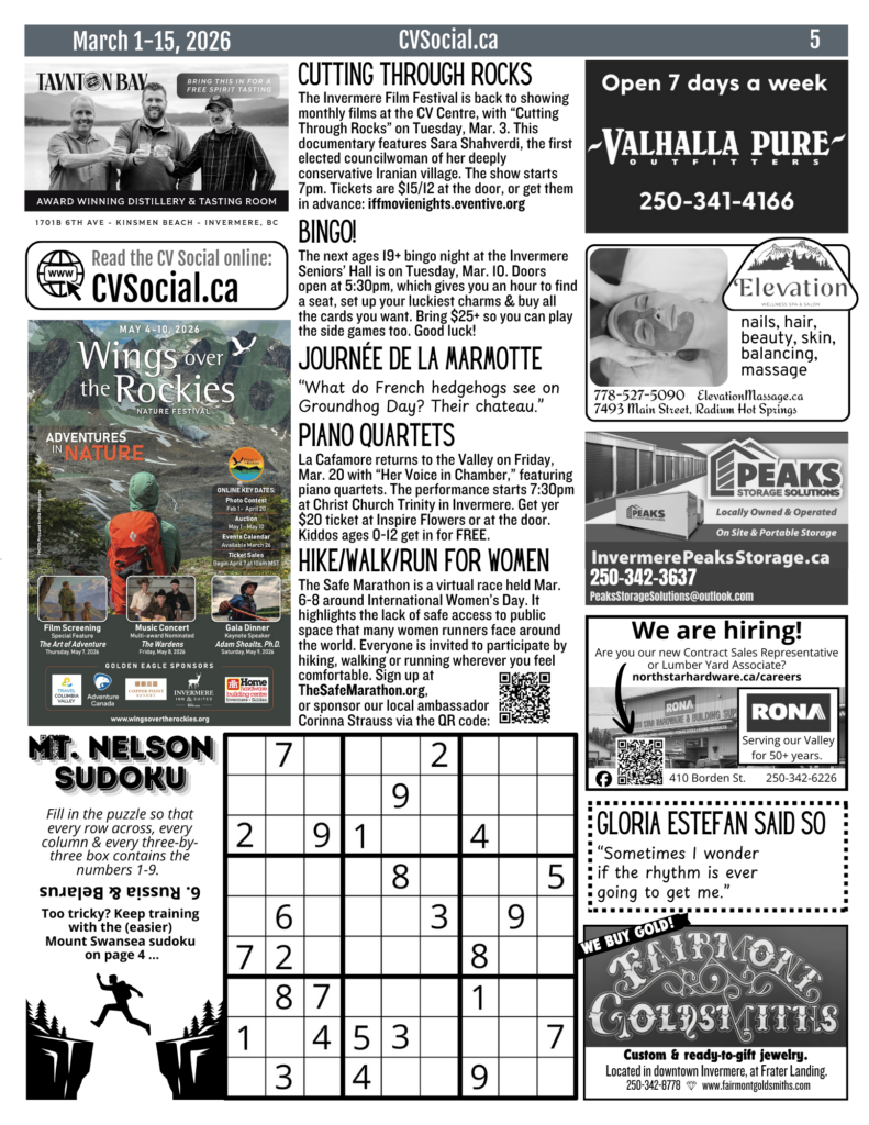 Community events newsletter for the Columbia Valley, BC, Canada for March 1-15, 2026