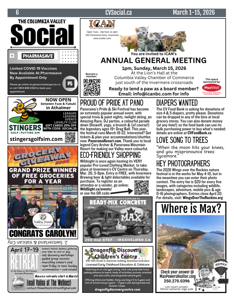 Community events newsletter for the Columbia Valley, BC, Canada for March 1-15, 2026