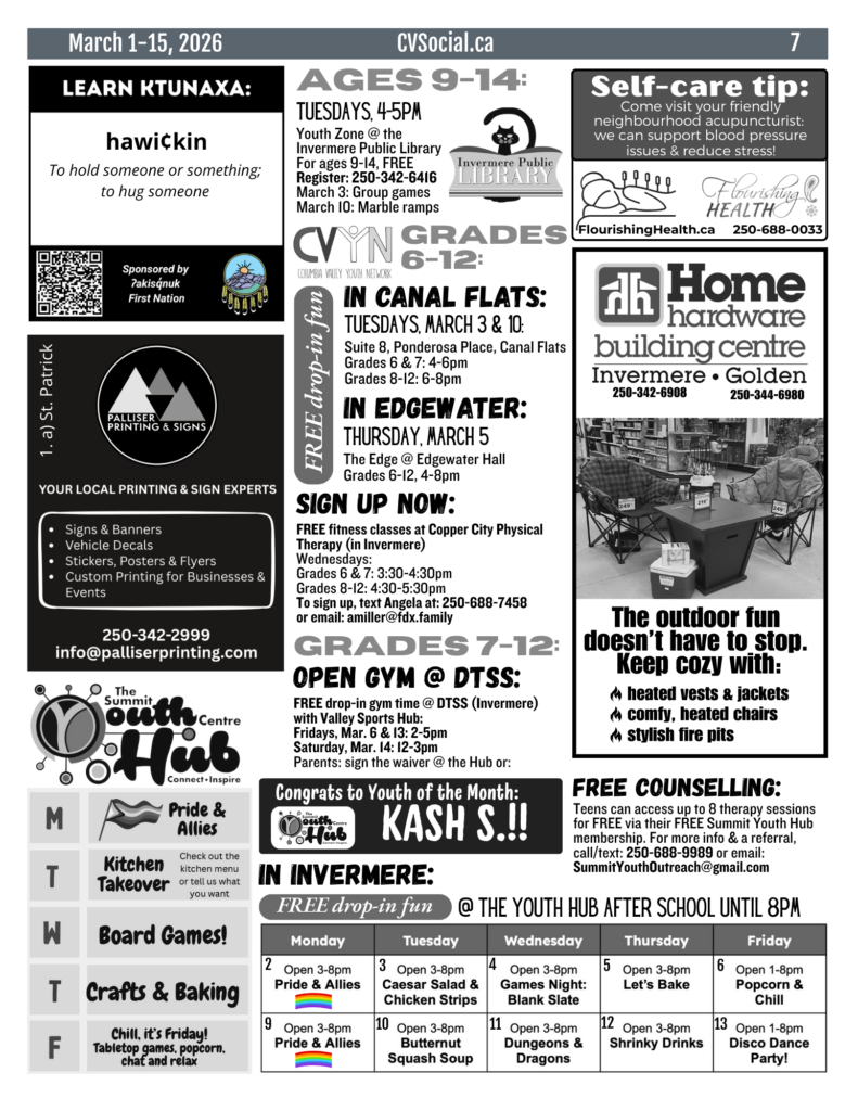 Community events newsletter for the Columbia Valley, BC, Canada for March 1-15, 2026