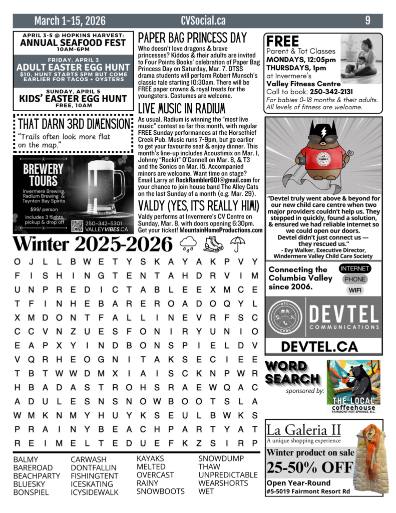 Community events newsletter for the Columbia Valley, BC, Canada for March 1-15, 2026