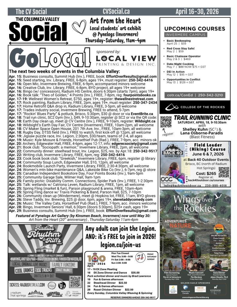 Community events newsletter for the Columbia Valley, BC, Canada for April 16-30, 2026