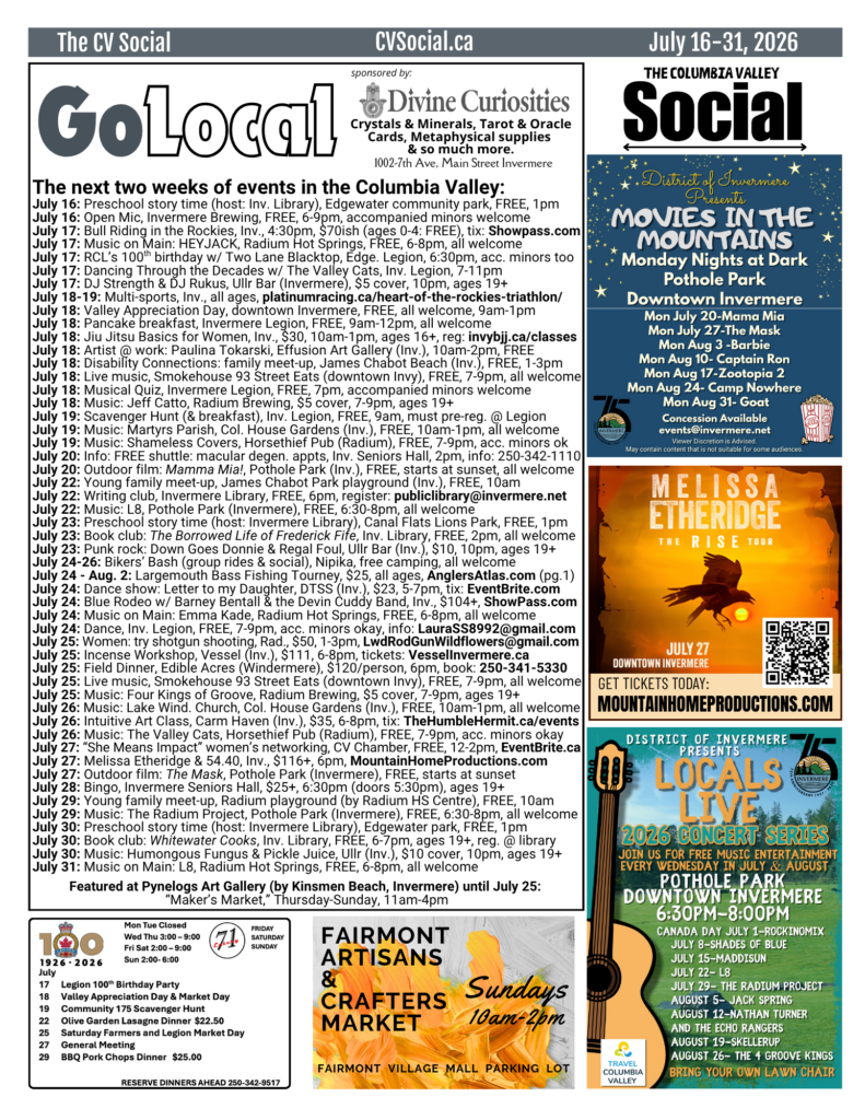 Community events calendar for the Columbia Valley, BC, Canada for July 16-31, 2026.