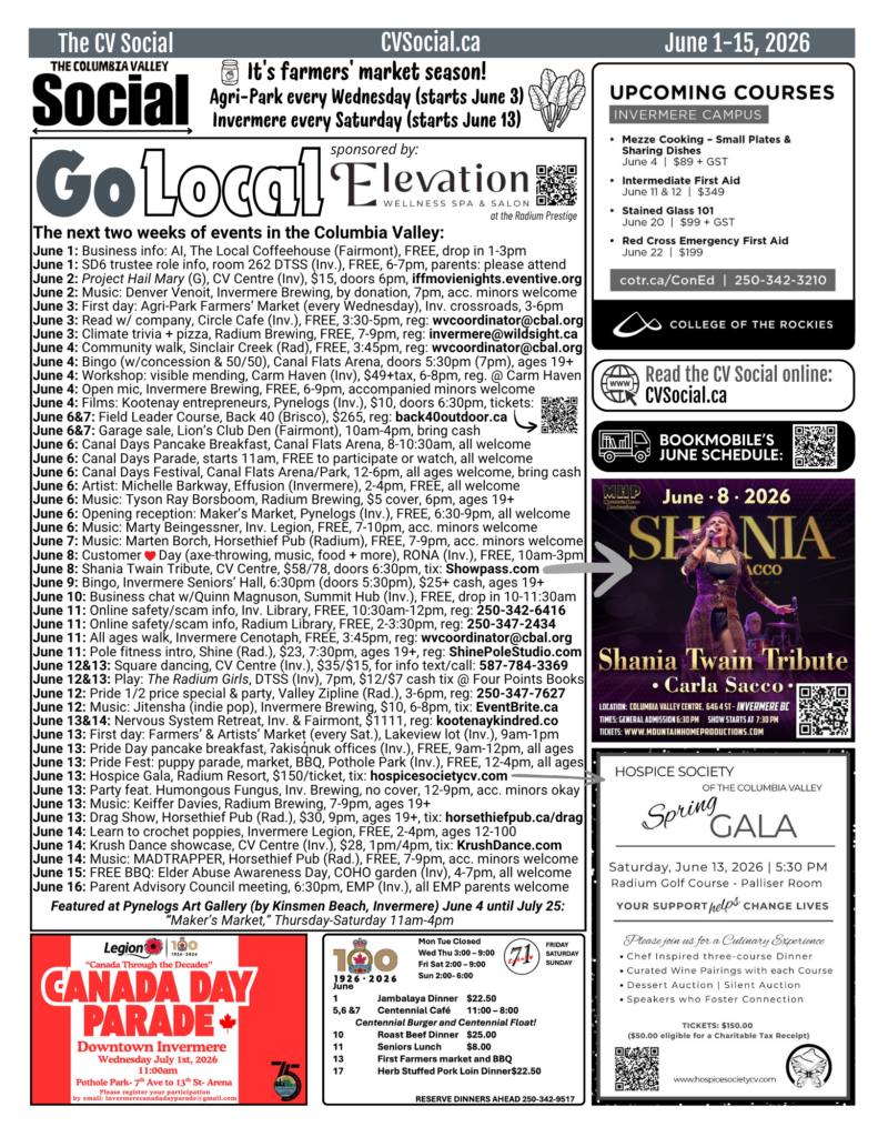 Community events calendar for the Columbia Valley, BC, Canada for June 1-15, 2026