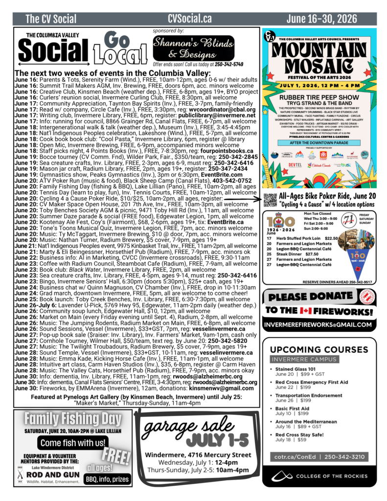 Community events calendar for the Columbia Valley, BC, Canada for June 16-30, 2026.