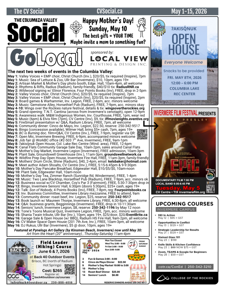 Community events calendar for the Columbia Valley, BC, Canada for May 1-15, 2026