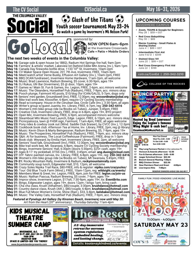 Community events calendar for the Columbia Valley, BC, Canada for May 16-31, 2026