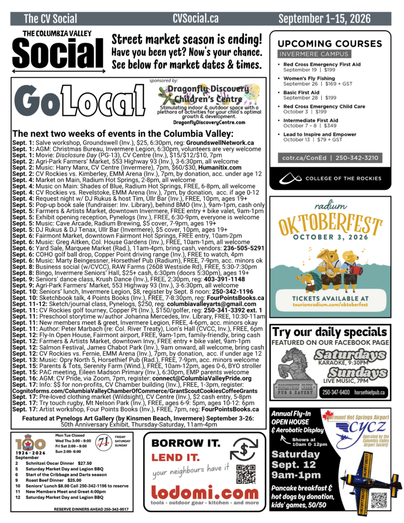 Community events newsletter for the Columbia Valley, BC, Canada for September 1-15, 2026