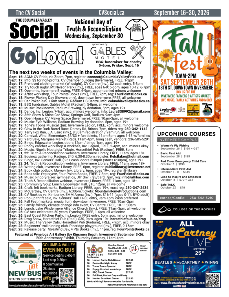 Community events newsletter for the Columbia Valley, BC, Canada for September 16-30, 2026