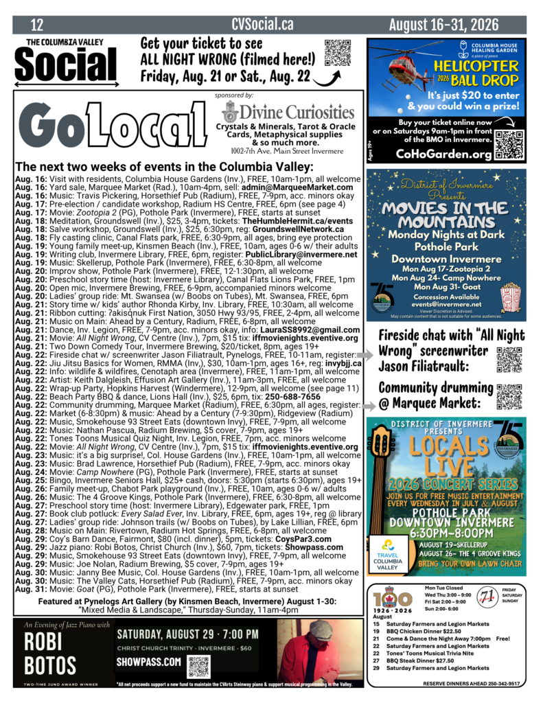 Community events newsletter for the Columbia Valley, BC, Canada for August 16-31, 2026.